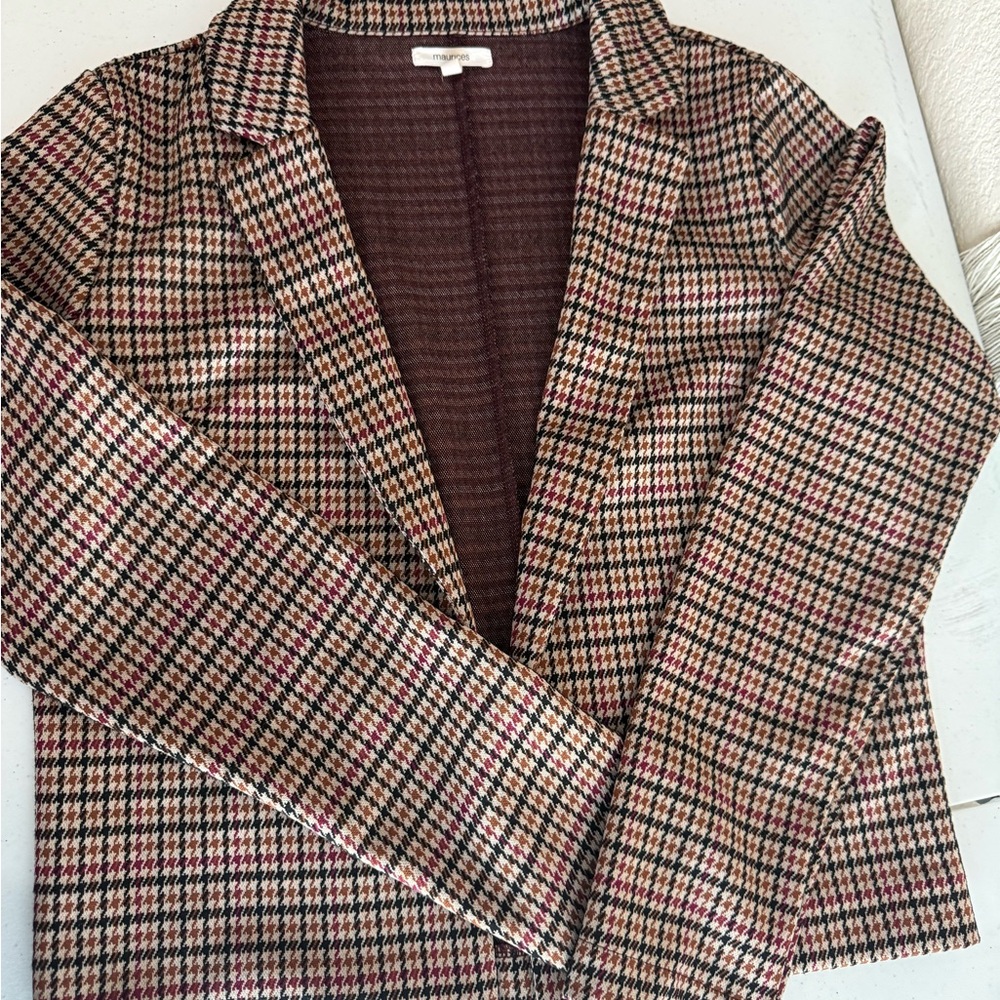 MAURICES Houndstooth Plaid Knit Open Front Blazer Jacket Burgundy Brown XS